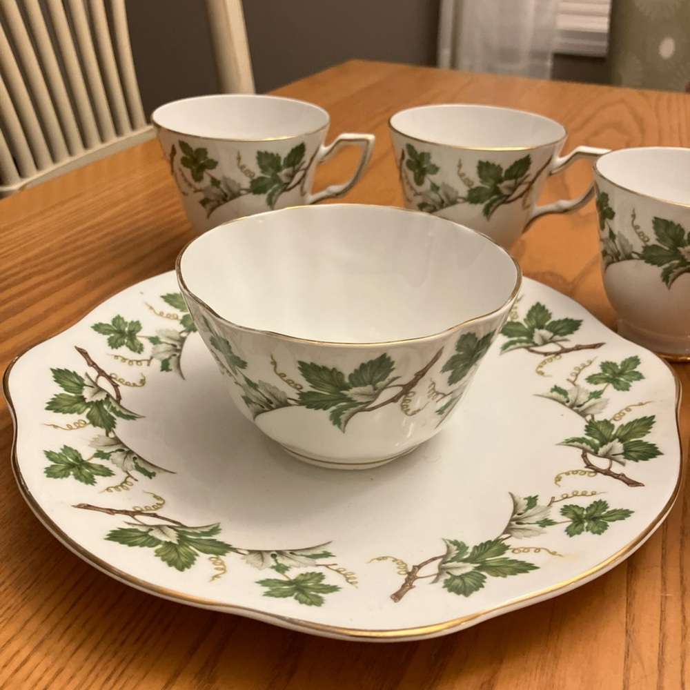 Antique/vintage Tea cups, 9in dessert plate and sugar bowl Leaf and Vines
